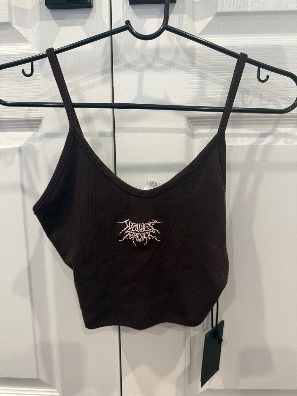 Darc Sport Brown Ribbed Spaghetti-Strap Crop Top with Light Pink Logo
